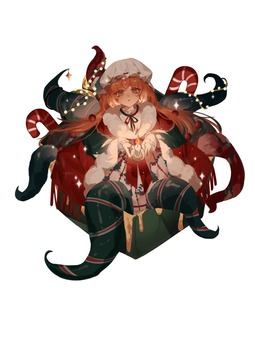 1girl blush box candle candy candy_cane cape christmas_nightmare_(e.g.o) collared_shirt dress e.g.o_(project_moon) flaqjtmfmf food freckles frilled_hat frills fringe-trimmed_cape from_above fur-trimmed_cape fur_trim hat highres holding holding_candle in_box in_container ishmael_(project_moon) limbus_company long_hair long_sleeves looking_at_viewer mob_cap multiple_tails orange_eyes orange_hair project_moon shirt simple_background solo tail very_long_hair white_background white_dress white_hat white_shirt