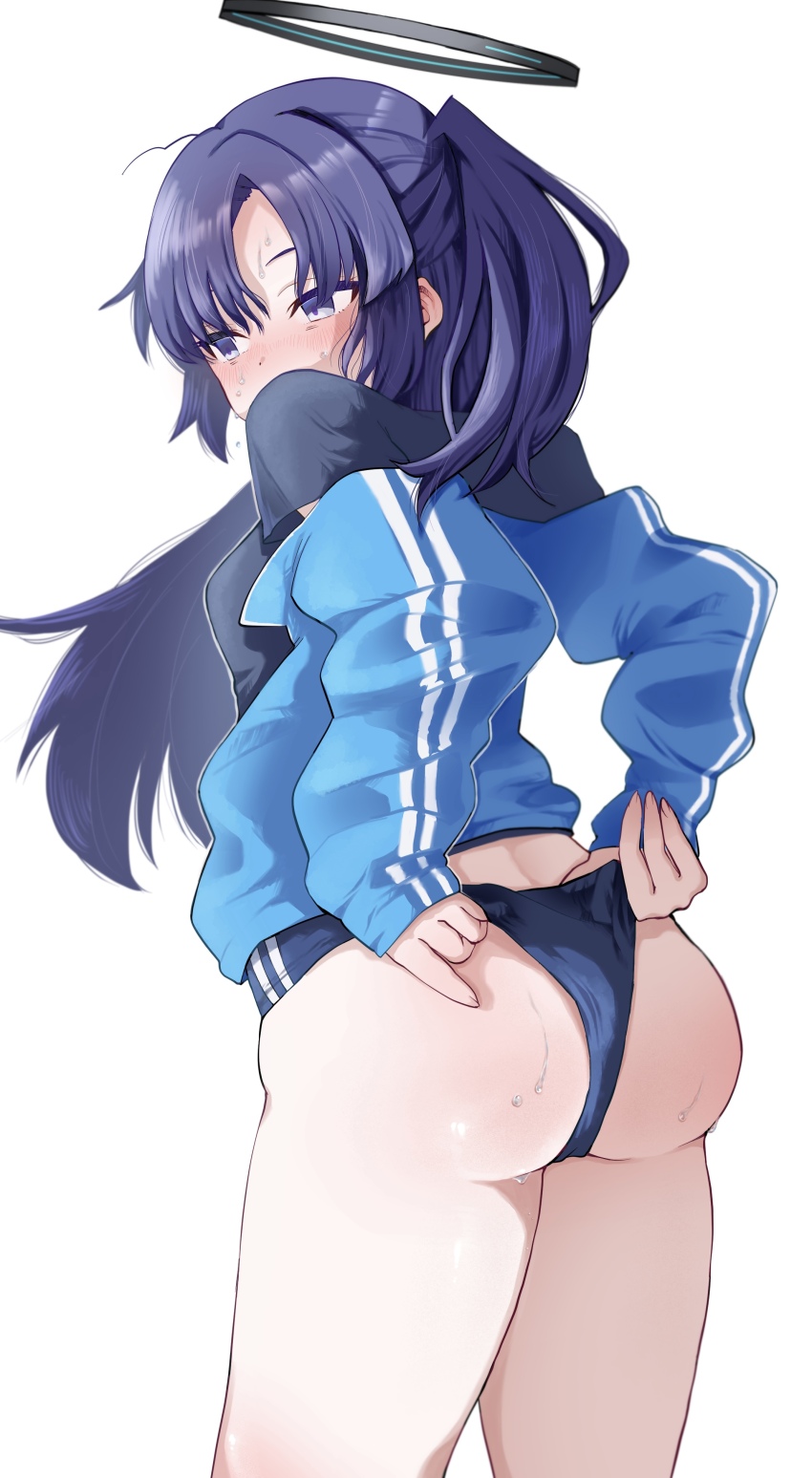 1girl absurdres adjusting_buruma adjusting_clothes ass black_halo black_shirt blue_archive blue_jacket buruma gym_shirt halo highres jacket mechanical_halo official_alternate_costume shirt solo someji_(user_hjsc553) track_jacket yuuka_(blue_archive) yuuka_(track)_(blue_archive)