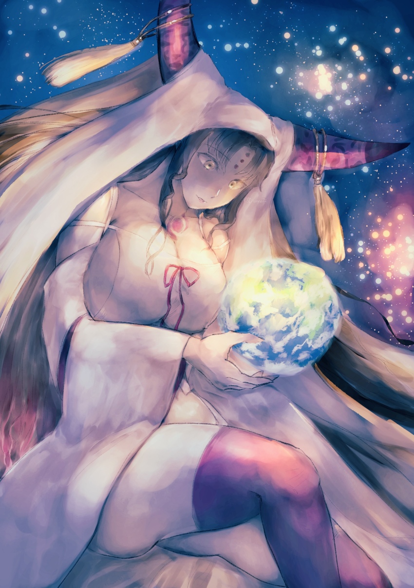 1girl absurdres black_hair breasts chest_tattoo cleavage commentary don_(scisunco22) dress earth_(planet) facial_mark fate/extra fate/extra_ccc fate/grand_order fate_(series) feet_out_of_frame forehead_mark giant giantess highres horn_ornament horn_ring horns huge_breasts long_hair long_sleeves navel parted_bangs parted_lips pink_hair pink_horns pink_ribbon pink_thighhighs planet purple_horns ribbon sessyoin_kiara sessyoin_kiara_(heaven&#039;s_hole) sessyoin_kiara_(third_ascension) sideboob sidelocks solo space star_(sky) tassel tattoo thighhighs veil very_long_hair white_dress white_veil wide_sleeves yellow_eyes