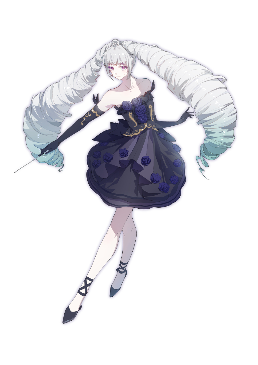 1girl absurdres amou_june ankle_ribbon aqua_hair bare_legs bare_shoulders black_dress black_gloves black_ribbon black_shoes closed_mouth collarbone colored_tips commentary_request conductor_baton dot_nose dress dress_flower elbow_gloves eyelashes flower frilled_dress frills full_body gloves grey_hair hair_flower hair_ornament highres holding_baton idol knees leg_ribbon long_hair looking_at_viewer morgue_(southsakura) multicolored_hair pink_eyes pretty_rhythm pretty_rhythm_rainbow_live pretty_series purple_flower purple_rose ribbon rose shoes short_dress simple_background smile solo standing strapless strapless_dress two-tone_hair very_long_hair white_background white_flower white_rose