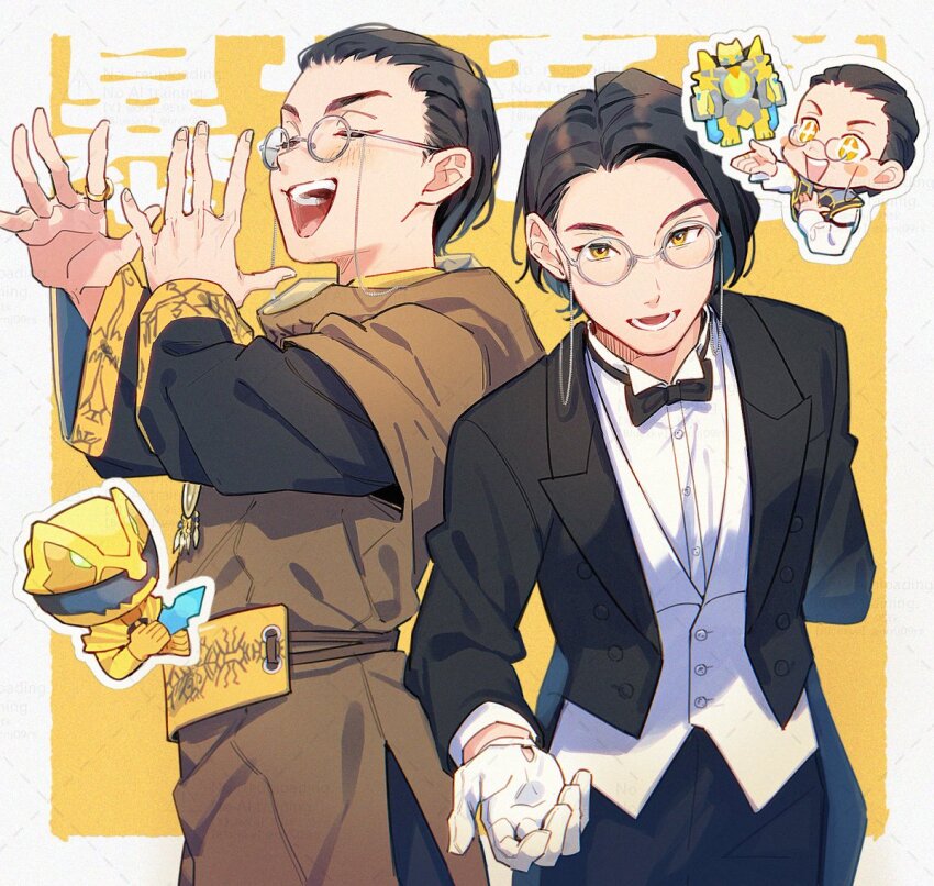 aam09212 armor bakugami_ryugi black_hair black_suit bodysuit bow bowtie collared_shirt formal_clothes glasses gozyutyranno long_sleeves male_focus no.1_sentai_gozyuger open_mouth pants shirt simple_background suit super_sentai tokusatsu white_shirt