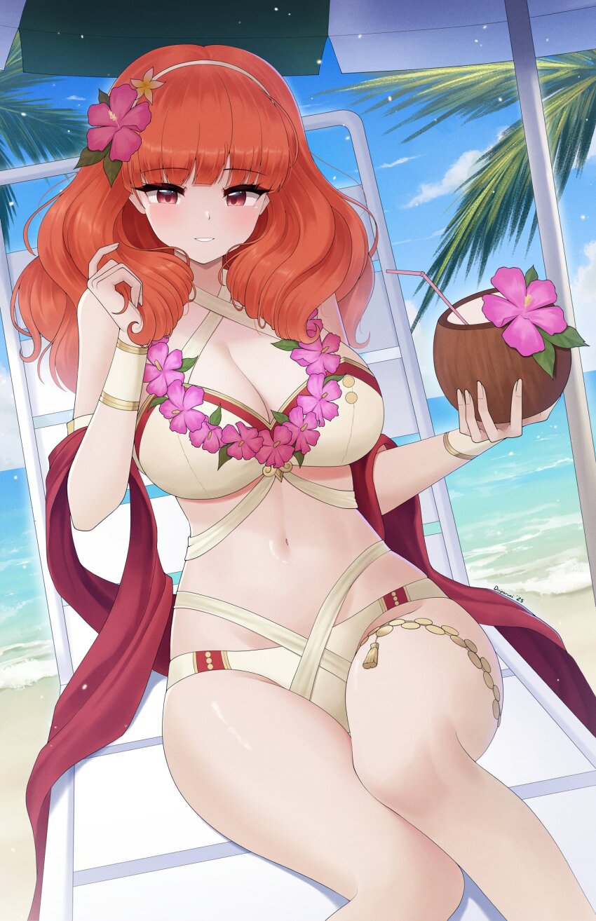 1girl bare_shoulders beach bikini blue_sky blunt_bangs breasts brown_bikini celica_(fire_emblem) celica_(summer)_(fire_emblem) cleavage cloud coconut coconut_cup criss-cross_halter doiparuni drinking_straw feet_out_of_frame fire_emblem fire_emblem_echoes:_shadows_of_valentia fire_emblem_heroes flower flower_necklace hair_flower hair_ornament hairband halterneck highres holding jewelry large_breasts lei looking_at_viewer navel necklace nintendo ocean official_alternate_costume orange_hair palm_tree red_eyes sand sash sitting sky smile solo swimsuit tree water white_bikini