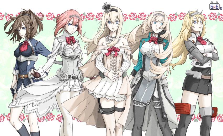 5girls ark_royal_(kancolle) ascot belt black_gloves black_pantyhose black_skirt black_thighhighs blonde_hair blue_eyes blunt_bangs bob_cut braid breasts brown_belt brown_gloves brown_hair corset cropped_jacket crown dress fingerless_gloves flower garter_straps gloves green_jacket hair_between_eyes half_up_braid headgear highres inverted_bob jacket jewelry kantai_collection large_breasts long_hair long_sleeves medium_breasts messy_hair military military_uniform mini_crown miniskirt multiple_girls munmu-san neck_flower necklace nelson_(kancolle) off-shoulder_dress off_shoulder overskirt pantyhose pencil_skirt pleated_skirt red_ascot red_flower red_hair red_rose rose sheffield_(kancolle) short_hair short_shorts shorts skirt small_breasts standing thighhighs tiara very_long_hair victorious_(kancolle) warspite_(kancolle) white_corset white_dress white_gloves white_pantyhose white_shorts white_skirt white_thighhighs