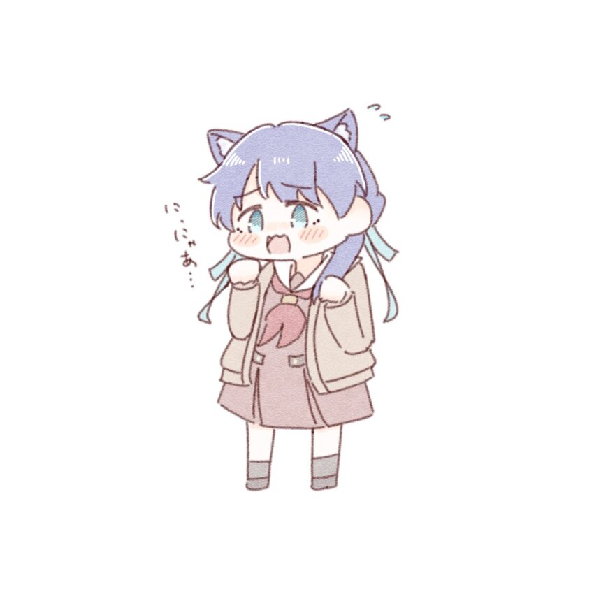 1girl :3 :d amano_tatsu animal_ears blue_eyes blue_hair blue_ribbon blush brown_cardigan brown_dress cardigan cat_ears commentary deformed dress embarrassed flying_sweatdrops hair_ribbon hasu_no_sora_school_uniform highres kemonomimi_mode link!_like!_love_live! long_hair long_sleeves love_live! low_twintails medium_dress murano_sayaka neckerchief nyan open_cardigan open_clothes open_mouth paw_pose pleated_dress red_neckerchief ribbon sailor_collar sailor_dress school_uniform simple_background smile solo standing twintails virtual_youtuber white_background white_sailor_collar winter_uniform