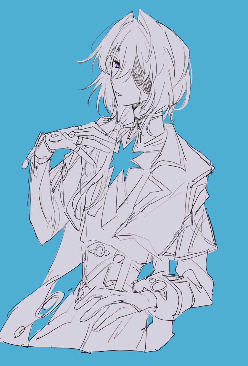 1boy anaxa_(honkai:_star_rail) blue_background blue_eyes capelet commentary_request corset cropped_legs expressionless eyepatch greyscale_with_colored_background hair_intakes hair_over_shoulder hand_up highres hole_in_chest hole_on_body honkai:_star_rail honkai_(series) jewelry long_hair looking_at_viewer low_side_ponytail male_focus multicolored_eyes multiple_rings narrow_waist one_eye_covered parted_lips purple_eyes ring ring_hair_ornament shirt_tucked_in sideways_glance simple_background sketch solo sousaku_rousoku star_(symbol) two-tone_eyes