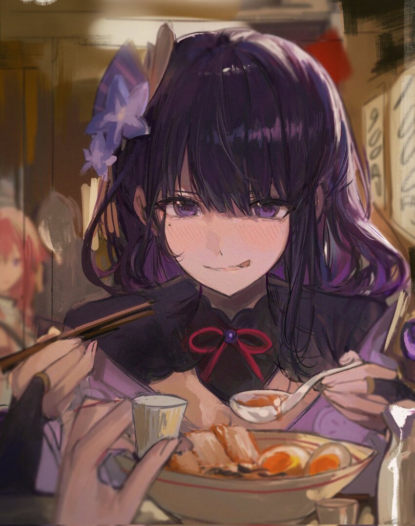 2girls blunt_bangs blurry blurry_background bottle bowl choko_(cup) chopsticks cup food genshin_impact hair_ornament highres holding holding_chopsticks holding_cup holding_spoon indoors japanese_clothes light_blush looking_at_food looking_down mole mole_under_eye multiple_girls noodles pov pov_hands purple_eyes purple_hair qqkkay raiden_shogun spoon tongue tongue_out yae_miko