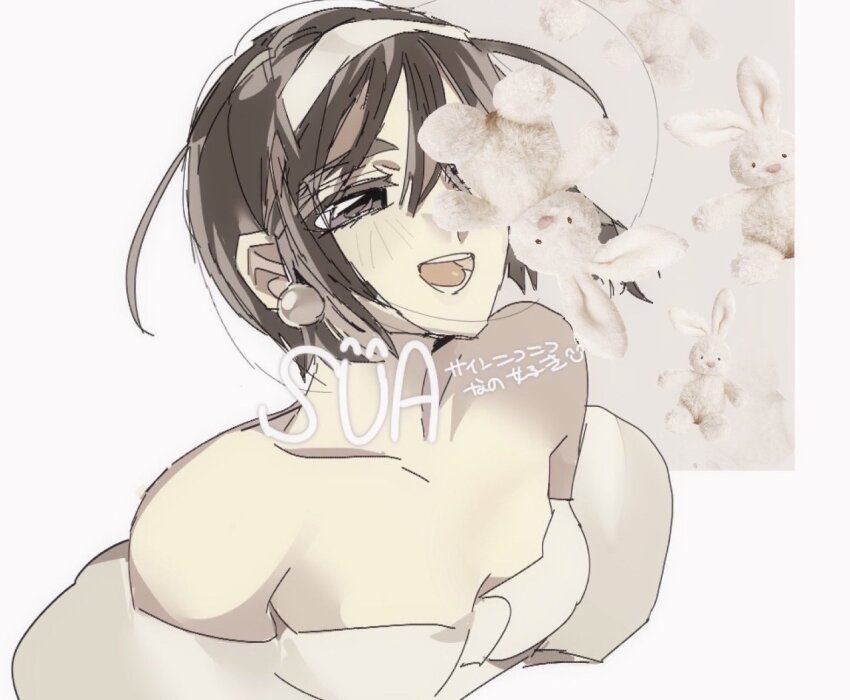 1girl alien_stage bare_shoulders black_hair bob_cut character_signature dokusuji_(kw9onou58) dress from_above hairband off-shoulder_dress off_shoulder open_mouth photo_inset portrait smile solo stuffed_toy sua_(alien_stage) translation_request white_dress white_hairband