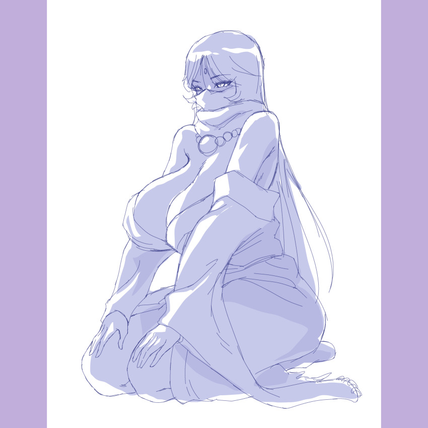 absurdres breasts digimon digimon_(creature) gerusyu highres huge_breasts jewelry long_hair looking_ahead necklace sanzomon scarf scarf_over_mouth sitting