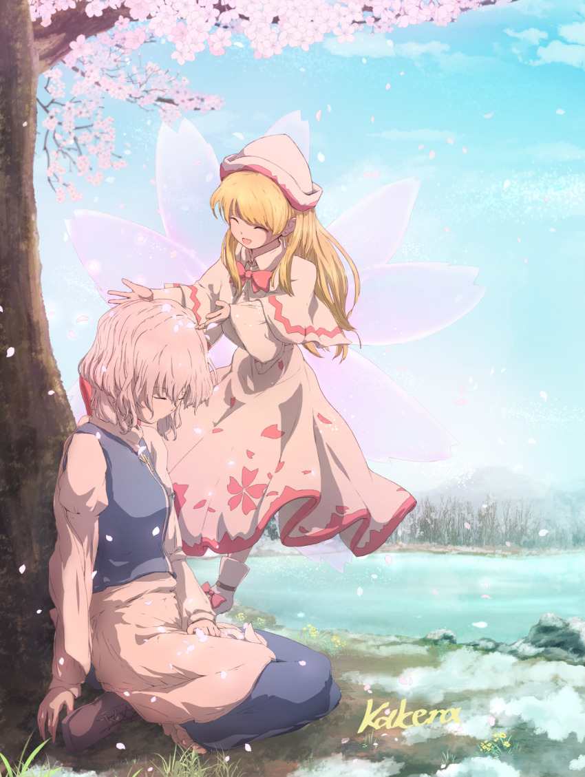 2girls artist_name blonde_hair blue_skirt blue_sky blue_vest bow bowtie capelet cherry_blossoms closed_eyes commentary_request dress fairy fairy_wings falling_petals flying hat highres kakera_(comona_base) letty_whiterock lily_white long_hair long_sleeves multiple_girls open_mouth outdoors petal_print petals pink_bow pink_bowtie pink_petals print_dress skirt sky sleeping smile touhou tree vest water white_capelet white_dress white_hat wide_sleeves wings