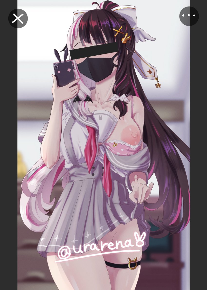 1girl artist_name black_hair blush bow breasts cellphone covered_eyes eromegane3103 hair_bow hair_ornament hairclip highres large_breasts long_hair looking_at_viewer mask multicolored_hair neckerchief nijisanji nipples phone pussy red_hair selfie shirt skirt solo split-color_hair streaked_hair suspender_skirt suspenders thigh_strap two-tone_hair very_long_hair virtual_youtuber white_hair yorumi_rena yorumi_rena_(9th_costume)