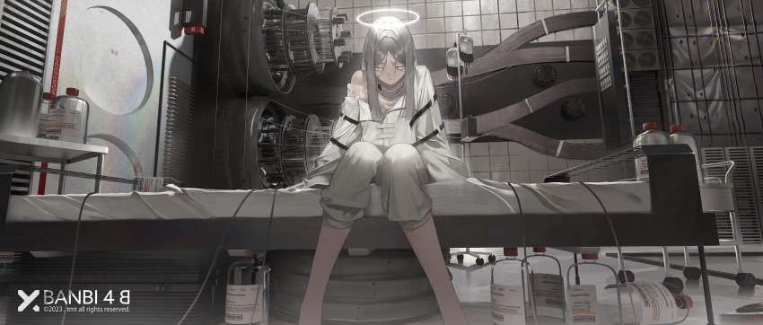 1girl bed cart concept_art container cropped_legs empty_eyes glass_bottle grey_eyes grey_hair grey_pants halo highres hospital_bed intravenous_drip jewelry long_hair looking_down machinery neck_ring off_shoulder original pants parted_bangs shirt sidelocks sitting solo strap tile_wall tiles tmt ventilation_shaft white_shirt wire