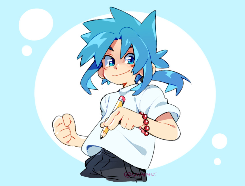1boy artist_name bead_bracelet beads black_pants blouse blue-haired_boy_(how_to_draw_manga) blue_background blue_eyes blue_hair blue_theme blush bracelet clenched_hand closed_mouth cowboy_shot cropped_legs hair_intakes hair_tie hands_up happy highres holding holding_pencil how_to_draw_manga how_to_draw_manga_redraw_challenge_(meme) jewelry long_hair looking_at_viewer low_ponytail male_focus matching_hair/eyes meme pants pencil ponytail sami_briggs shirt short_sleeves sidelocks signature simple_background smile solo spiked_hair standing twitter_username two-tone_background white_shirt