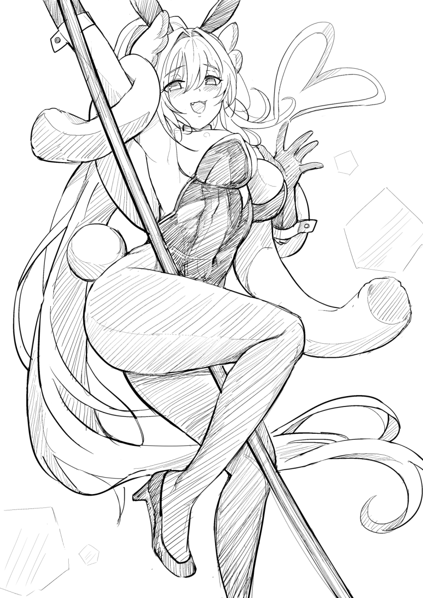 :d ang animal_ears blush bow bowtie breasts cleavage detached_collar earrings fake_animal_ears fake_tail feather_boa gloves goddess_of_victory:_nikke greyscale hair_ornament high_heels highleg highleg_leotard highres jewelry large_breasts leg_up leotard long_hair looking_at_viewer monochrome official_alternate_costume open_mouth pantyhose playboy_bunny pole pole_dancing ponytail rabbit_ears rabbit_tail rupee_(nikke) rupee_(rabbit_deluxe)_(nikke) smile strapless strapless_leotard tail yougenko