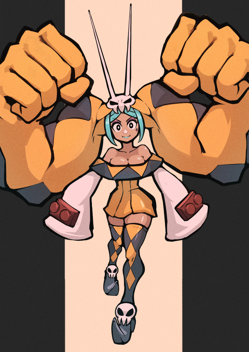 1girl absurdres black_border blue_hair blue_lips boots border breasts cerebella_(skullgirls) cleavage dark-skinned_female dark_skin eyeshadow facing_viewer full_body hat highres long_sleeves makeup onozawa_(buresu21) skirt skullgirls smile solo standing thigh_boots vice-versa_(skullgirls) walking wide_sleeves
