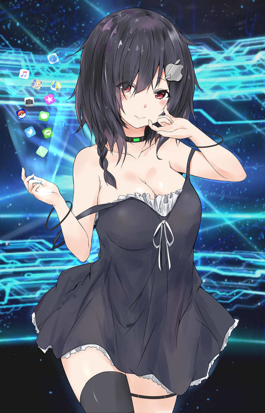 1girl absurdres apple_inc. bare_shoulders black_dress black_hair black_thighhighs bracelet braid breasts cellphone choker cleavage compass dress fate/grand_order fate_(series) female_focus game_freak hair_ornament hairclip highres icon_(computing) iphone jewelry large_breasts line_(naver) long_hair looking_at_viewer musical_note nintendo off_shoulder original personification phone pokemon pokemon_go red_eyes saku_(kudrove) single_braid single_thighhigh smartphone solo star_(symbol) strap_slip symbol-shaped_pupils thighhighs twitter