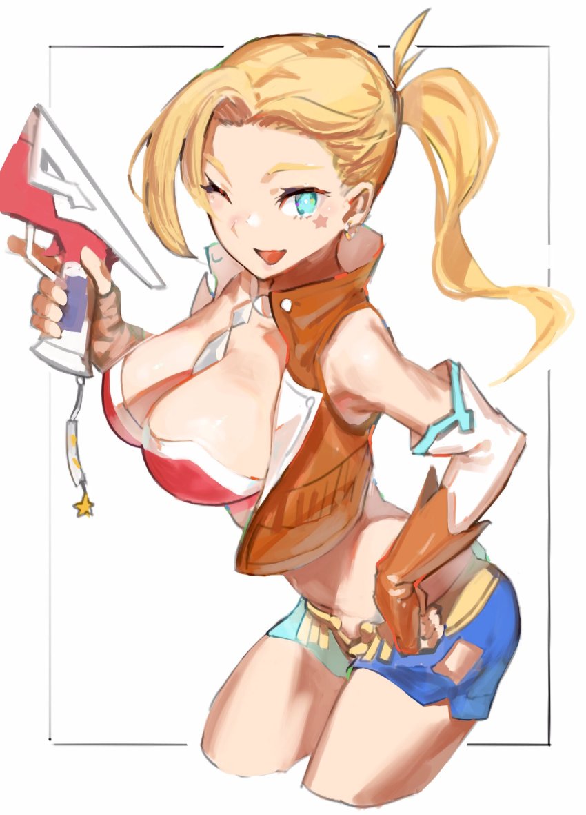 1girl aqua_eyes blonde_hair breasts calamity_jane_(fate) calamity_jane_(first_ascension)_(fate) earrings elbow_gloves facial_mark fate/grand_order fate_(series) fingerless_gloves gloves had_(had314) high_collar highres holding holding_weapon hoop_earrings jewelry large_breasts midriff navel open_mouth ponytail shorts sidelocks simple_background sleeveless solo star_(symbol) weapon white_background