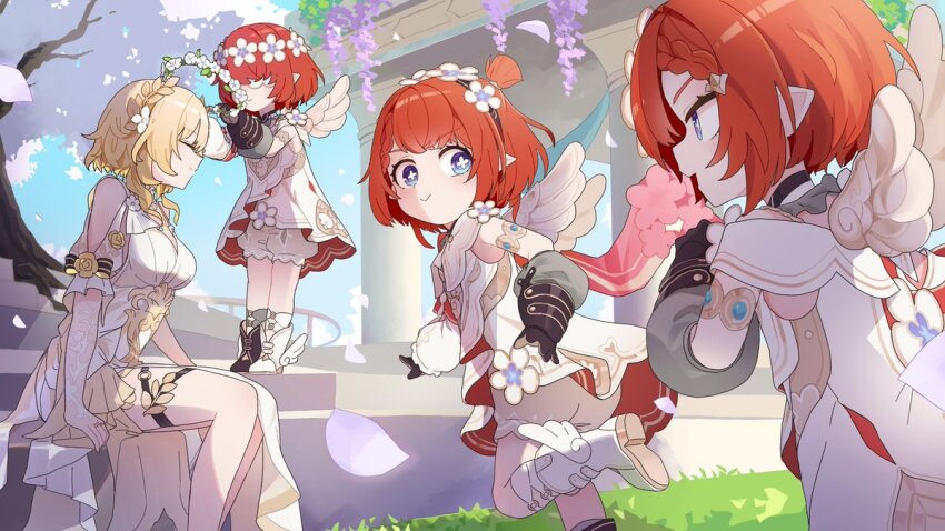 4girls aglaea_(honkai:_star_rail) ancient_greek_clothes angel_wings architecture asymmetrical_footwear black_boots black_gloves blonde_hair blue_eyes blue_sky boots closed_eyes commentary_request cross-shaped_pupils dress gloves greco-roman_architecture greco-roman_clothes head_wreath holding_head_wreath honkai:_star_rail honkai_(series) laurel_crown looking_at_another mismatched_footwear multiple_girls origami_gyokuo outdoors pointy_ears red_hair short_hair sitting sky smile stone_pillar symbol-shaped_pupils trianne_(honkai:_star_rail) tribbie_(honkai:_star_rail) trinnon_(honkai:_star_rail) white_blindfold white_boots white_dress winged_boots wings