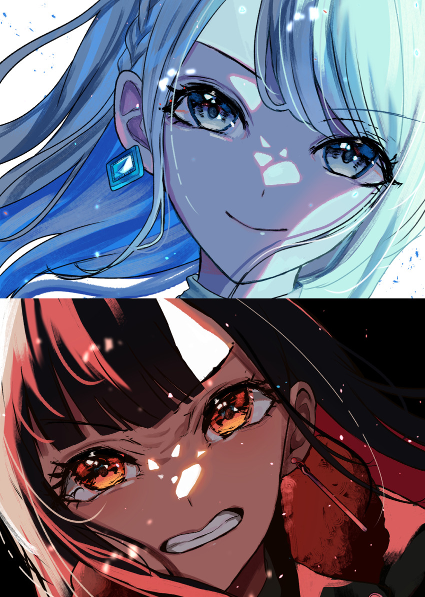 2girls 7naako5 angry azusawa_kohane black_hair black_jacket blue_hair chain chain_necklace clenched_teeth close-up closed_mouth colored_inner_hair commentary_request diamond-shaped_earrings earrings furrowed_brow grey_eyes highres jacket jewelry long_hair looking_at_viewer multicolored_hair multiple_girls necklace official_alternate_hair_length official_alternate_hairstyle orange_eyes project_sekai red_hair shiraishi_an simple_background smile teeth turtleneck v-shaped_eyebrows whip_the_wimp_girl!!_(project_sekai) white_background