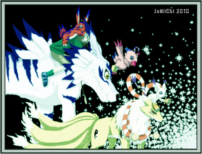 digimon digimon_(creature) elecmon garurumon kitsune kyubimon kyuubi multiple_tails piyomon tail tailmon