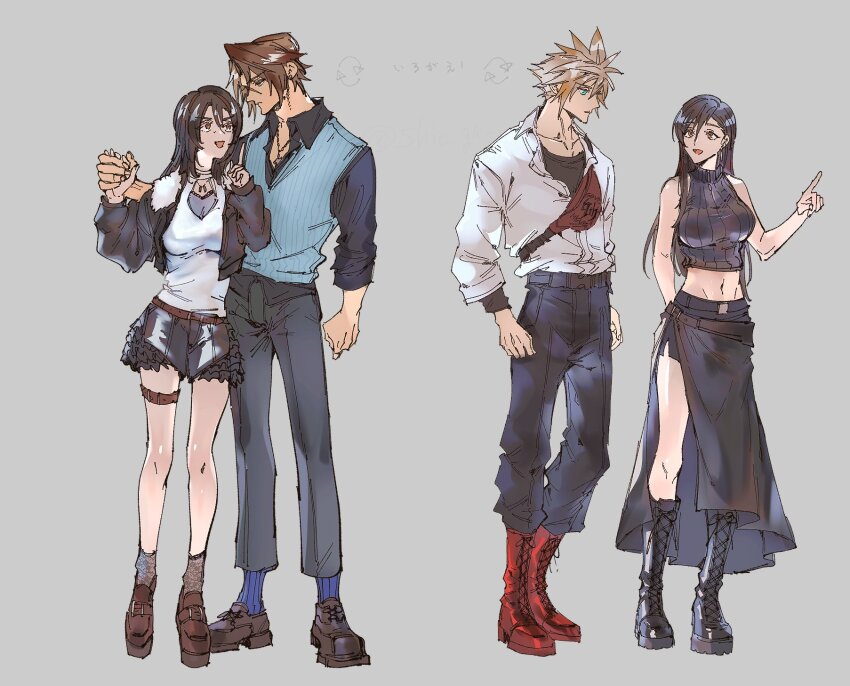 2boys 2girls adapted_costume alternate_costume apron arm_behind_back bare_shoulders belt black_apron black_footwear black_hair black_jacket black_pants black_shirt black_shorts black_skirt blonde_hair blue_cardigan blue_eyes blue_socks boots breasts brown_eyes brown_footwear brown_hair cardigan cloud_strife cloud_strife_(cosplay) collarbone collared_shirt commentary_request cosplay couple cropped_jacket cropped_sweater final_fantasy final_fantasy_vii final_fantasy_viii full_body fur-trimmed_jacket fur_trim grey_background groin hair_between_eyes height_difference highres holding_hands index_finger_raised jacket jewelry knee_boots lace-up_boots large_breasts long_hair looking_at_another medium_breasts midriff miniskirt multiple_boys multiple_girls navel necklace open_clothes open_jacket open_mouth pants pointing red_eyes red_footwear ribbed_sweater rinoa_heartilly rinoa_heartilly_(cosplay) scar scar_on_face shio_ga shirt short_hair short_shorts shorts side_slit skirt sleeveless sleeveless_turtleneck socks spiked_hair squall_leonhart squall_leonhart_(cosplay) standing sweater thigh_strap tifa_lockhart tifa_lockhart_(cosplay) turtleneck turtleneck_sweater waist_apron white_shirt
