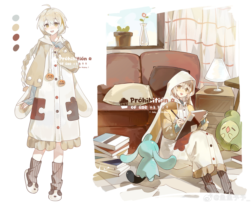animal_hood blonde_hair character_request couch duosion flower full_body gen_3_pokemon gen_5_pokemon highres hood hooded_dress kneehighs lamp multiple_views nintendo pillow pokemon pokemon_(creature) rabbit_hood slippers socks vase wynaut yellow_eyes yu_yu_kanegane