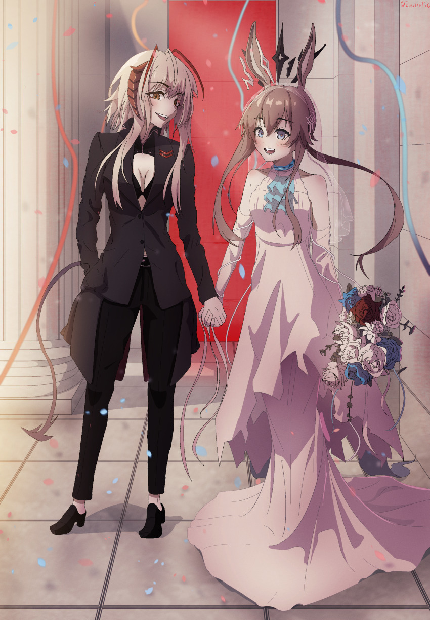 2girls :d absurdres alternate_costume amiya_(arknights) animal_ears arknights ascot bare_shoulders black_jacket black_vs_white blazer blue_ascot blue_collar blue_flower blue_ribbon blue_rose bouquet breasts breasts_apart bridal_veil brown_hair collar commentary confetti cross-shaped_pupils dress english_commentary evalithfog female_focus flower full_body hair_between_eyes hand_in_pocket highres holding_hands jacket long_dress long_hair long_sleeves medium_breasts multicolored_hair multiple_girls open_mouth red_flower red_hair red_ribbon red_rose ribbon rose see-through_clothes see-through_veil smile standing streaked_hair symbol-shaped_pupils tail twitter_username veil w_(arknights) wedding_dress white_dress white_flower white_hair white_rose wife_and_wife yuri