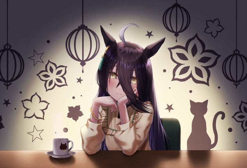 1girl ahoge animal_ears black_hair blush cat coffee_mug cup ear_tag earrings elbow_rest elbows_on_table frilled_shirt frills hair_between_eyes highres horse_ears horse_girl jewelry long_bangs long_hair long_hair_between_eyes long_sleeves looking_at_viewer manhattan_cafe_(umamusume) mug multicolored_hair plate reo-illust4696 shirt single_earring smile solo table umamusume very_long_hair white_hair wooden_table yellow_eyes yellow_shirt