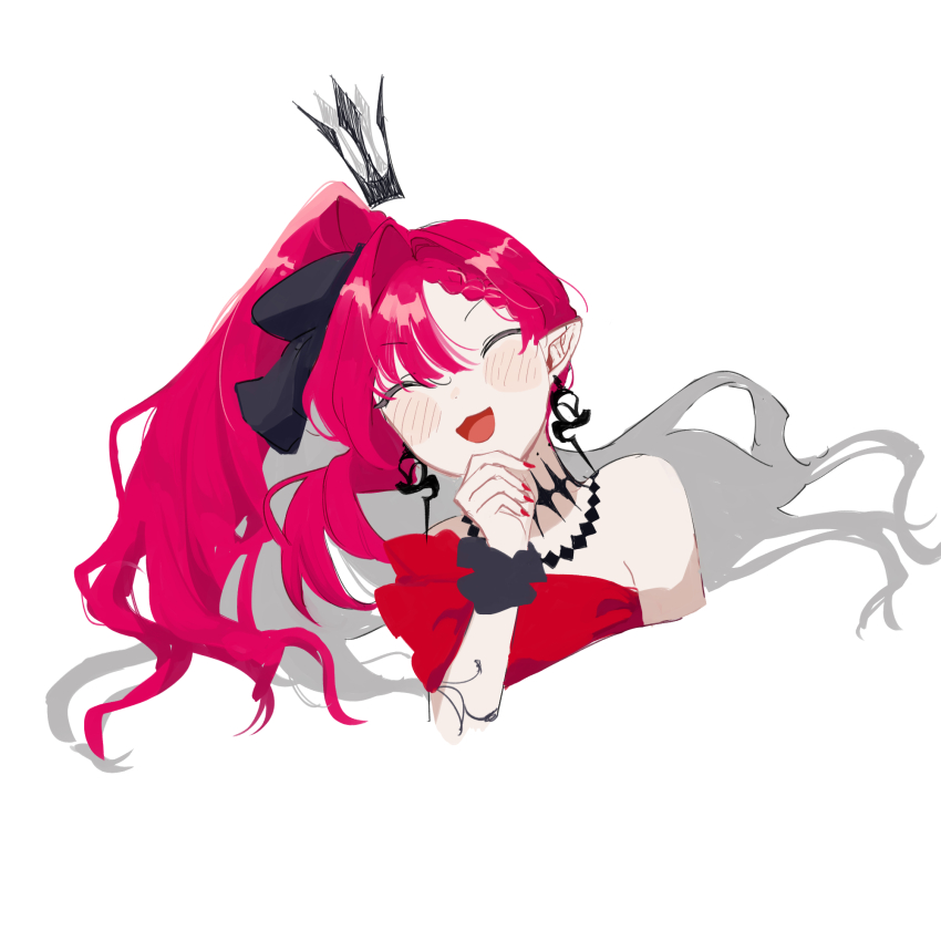 1girl baobhan_sith_(exhibition_attire)_(fate) baobhan_sith_(fate) baobhan_sith_(swimsuit_pretender)_(fate) baobhan_sith_(swimsuit_pretender)_(third_ascension)_(fate) bare_shoulders blush closed_eyes cropped_torso crown dress earrings fate/grand_order fate_(series) hair_ribbon hand_up highres jewelry long_hair open_mouth pink_hair pointy_ears red_dress red_nails ribbon scrunchie side_ponytail smile solo sumang803 upper_body white_background wrist_scrunchie