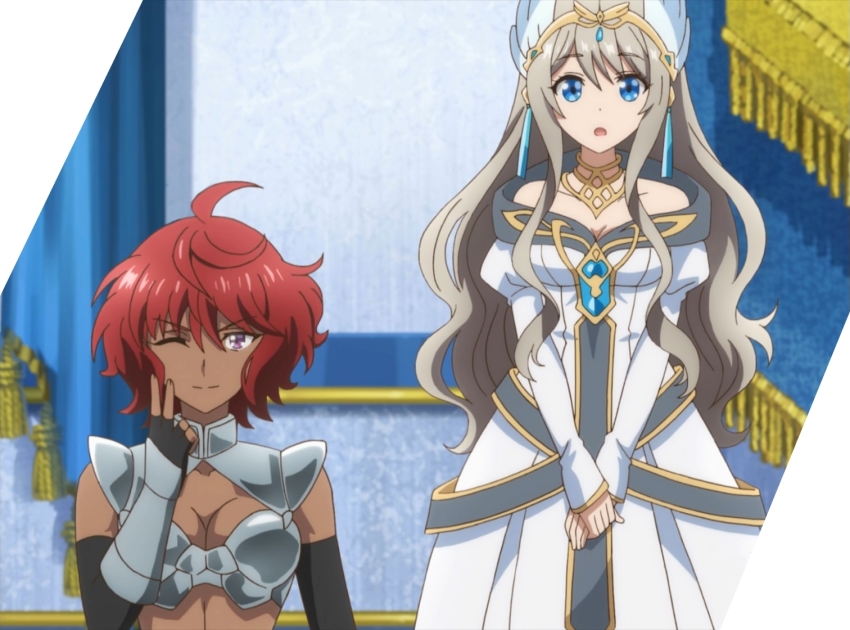 2girls anime_screenshot bare_shoulders blue_eyes breasts cleavage conscious isekai_cheat_magician looking_at_viewer multiple_girls stitched tagme third-party_edit