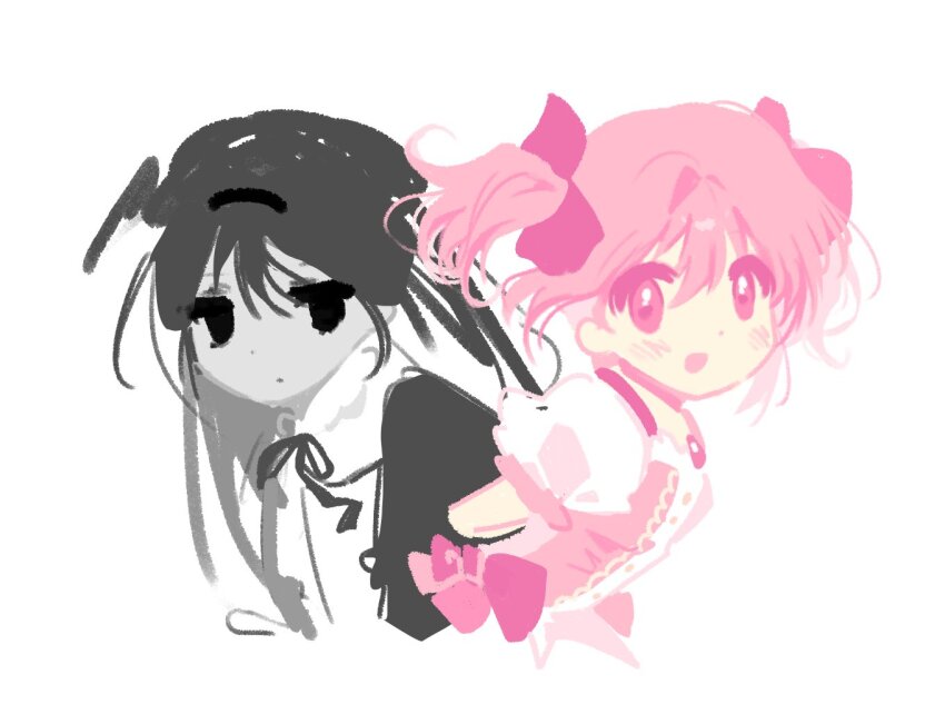 2girls akemi_homura akemi_homura_(black_dress) black_dress black_eyes black_hair black_hairband black_ribbon bow buttons center_frills chest_jewel choker closed_mouth collared_shirt colored_inner_hair colored_skin cropped_torso dot_nose dress empty_eyes expressionless frilled_dress frilled_shirt_collar frilled_sleeves frills gem grey_hair grey_skin hair_between_eyes hair_bow hairband happy kaname_madoka kaname_madoka_(magical_girl) kerimka31328031 light_blush long_hair magical_girl mahou_shoujo_madoka_magica mahou_shoujo_madoka_magica:_hangyaku_no_monogatari multicolored_hair multiple_girls neck_ribbon official_alternate_costume open_mouth pink_bow pink_choker pink_dress pink_eyes pink_gemstone pink_hair puffy_short_sleeves puffy_sleeves ribbon shirt shirt_under_dress short_hair short_sleeves short_twintails simple_background smile square_neckline straight_hair tareme twintails waist_bow white_background white_shirt white_sleeves