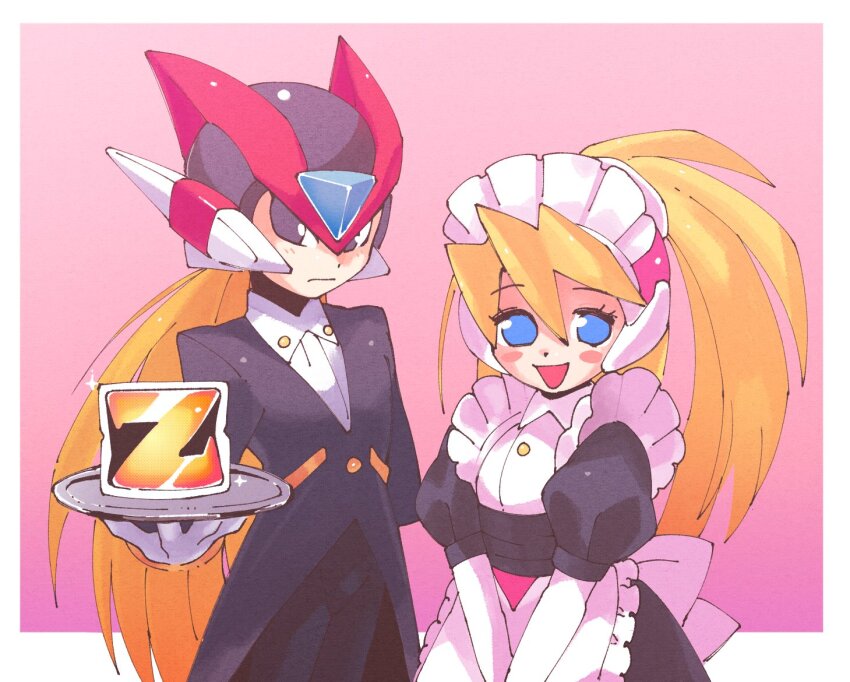 1boy 1girl 1up alternate_costume android apron arm_behind_back black_coat black_dress black_eyes black_helmet black_pants black_suit blonde_hair blue_eyes blush_stickers butler ciel_(mega_man) coat collared_shirt dress enmaided expressionless fake_horns formal_clothes frilled_apron frills gloves hand_up helmet high_ponytail holding holding_tray horned_helmet horns inkerton-kun long_hair long_sleeves looking_at_viewer low_ponytail maid maid_headdress mega_man_(series) mega_man_zero_(series) open_mouth pants pink_helmet ponytail puffy_short_sleeves puffy_sleeves red_helmet robot_ears shirt short_sleeves single_letter suit tailcoat tray v_arms waist_apron white_apron white_gloves white_shirt zero(z)_(mega_man) zero_(mega_man)