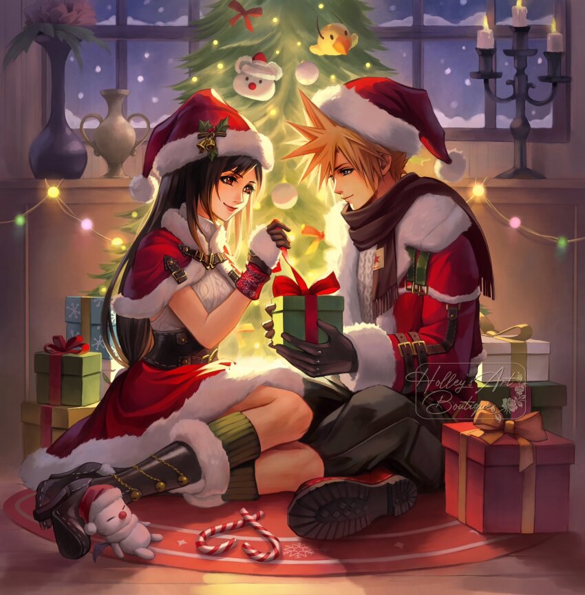 1boy 1girl black_gloves black_hair black_pants blonde_hair blue_eyes boots breasts candlelight candy candy_cane capelet chocobo christmas christmas_lights christmas_ornaments christmas_present christmas_tree closed_mouth cloud_strife cloud_strife_(holiday_outfit) commentary english_commentary final_fantasy final_fantasy_vii final_fantasy_vii_ever_crisis food full_body fur-trimmed_capelet fur-trimmed_footwear fur-trimmed_headwear fur-trimmed_jacket fur-trimmed_skirt fur_trim gift gloves green_socks hair_ornament hat highres holding holding_gift holly_hair_ornament hollypolllyy indian_style indoors jacket lips long_hair looking_at_another low-tied_long_hair medium_breasts moogle official_alternate_costume pants pom_pom_(clothes) red_capelet red_eyes red_hat red_jacket red_skirt santa_costume santa_hat scarf short_hair signature sitting skirt sleeveless sleeveless_turtleneck smile snowing socks spiked_hair sweater tifa_lockhart tifa_lockhart_(fairy_of_the_holy_flame) turtleneck turtleneck_sweater white_sweater window yokozuwari