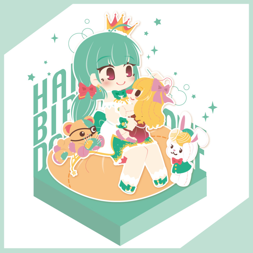 1girl ahoge battle_girl_high_school bean_bag_chair blunt_bangs blush bow character_name closed_mouth crown doll full_body green_bow green_hair green_skirt happy_birthday holding_sewing_needle long_hair motyomi needle pincushion red_eyes sadone sewing_needle shirt skirt sparkle star_(symbol) stuffed_animal stuffed_rabbit stuffed_toy teddy_bear white_shirt