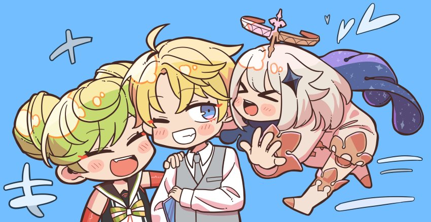 &gt;_&lt; 1boy 2girls :d :o absurdres ai-chan_(honkai_impact) black_scarf blonde_hair blue_background blue_eyes boots closed_eyes company_connection crossover davis_(tears_of_themis) double_bun dress genshin_impact green_hair grey_necktie grey_vest grin hair_bun halo highres holding holding_tablet_pc honkai_(series) honkai_impact_3rd long_hair long_sleeves mihoyo multiple_girls necktie one_eye_closed open_mouth paimon_(genshin_impact) paipaimonmon polo_shirt scarf short_hair simple_background sleeveless sleeveless_dress smile tablet_pc tears_of_themis teeth vest white_dress white_footwear white_hair white_sleeves