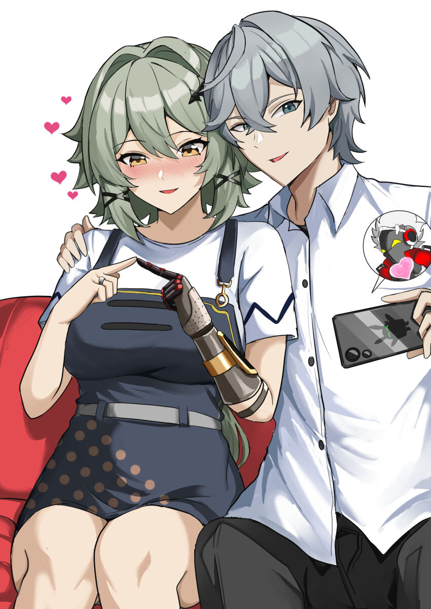1boy 1girl absurdres apron billy_kid black_apron black_pants blush caesar_king_(zenless_zone_zero) cellphone collared_shirt commentary english_commentary green_hair grey_eyes grey_hair hair_intakes heart highres holding holding_phone index_fingers_together mechanical_arms open_mouth pants phone shirt single_mechanical_arm sitting smartphone smile tian_kazuki white_shirt wise_(zenless_zone_zero) yellow_eyes zenless_zone_zero