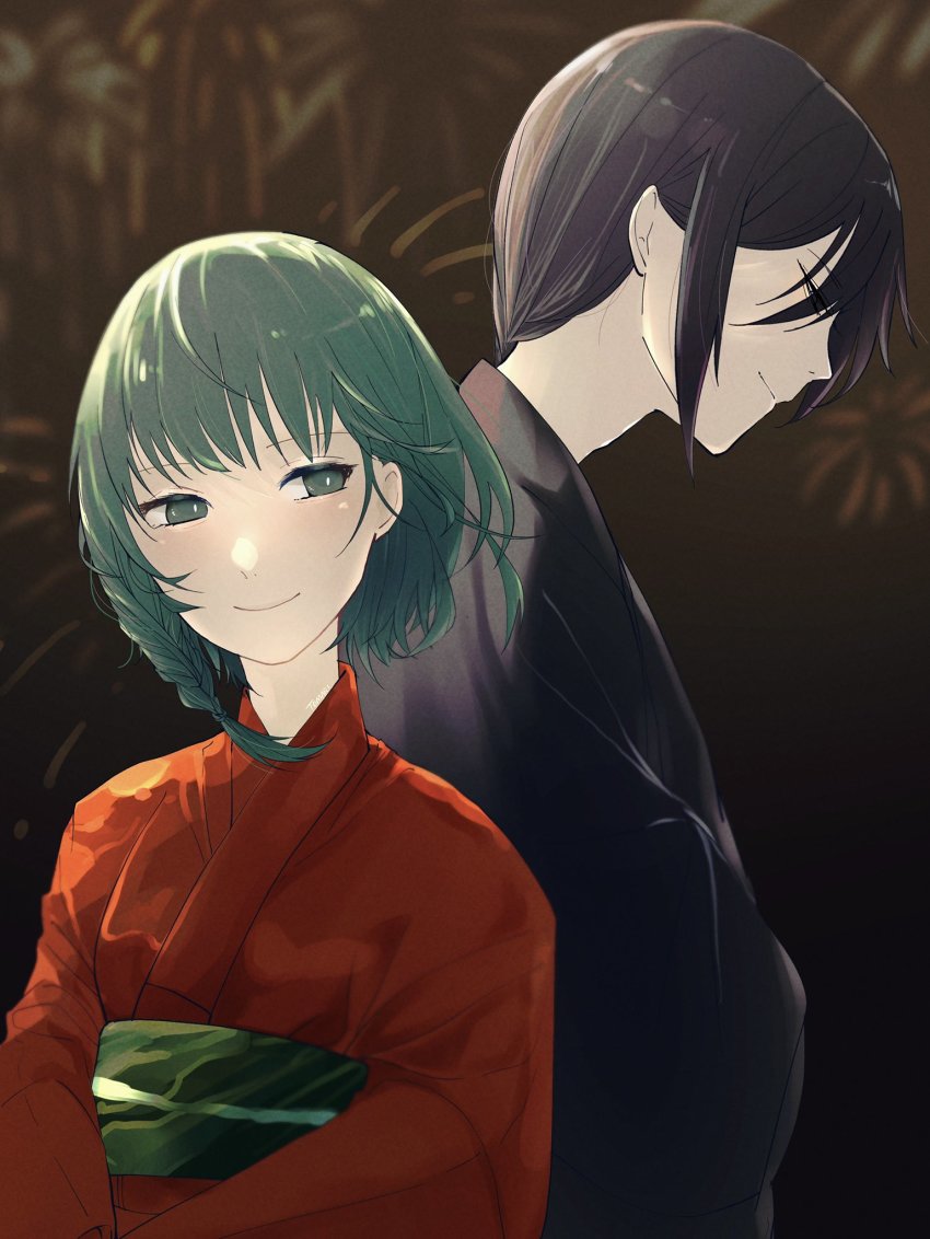 1boy 1girl aerial_fireworks black_hair black_kimono braid couple evillious_nendaiki closed_eyes festival fireworks from_side green_eyes green_sash gumi highres japanese_clothes kimono looking_to_the_side nemesis_sudou nyoze_octo obi profile red_kimono saigo_no_revolver_(vocaloid) sash short_braid side_braid sidelocks smile tomari_drew vocaloid