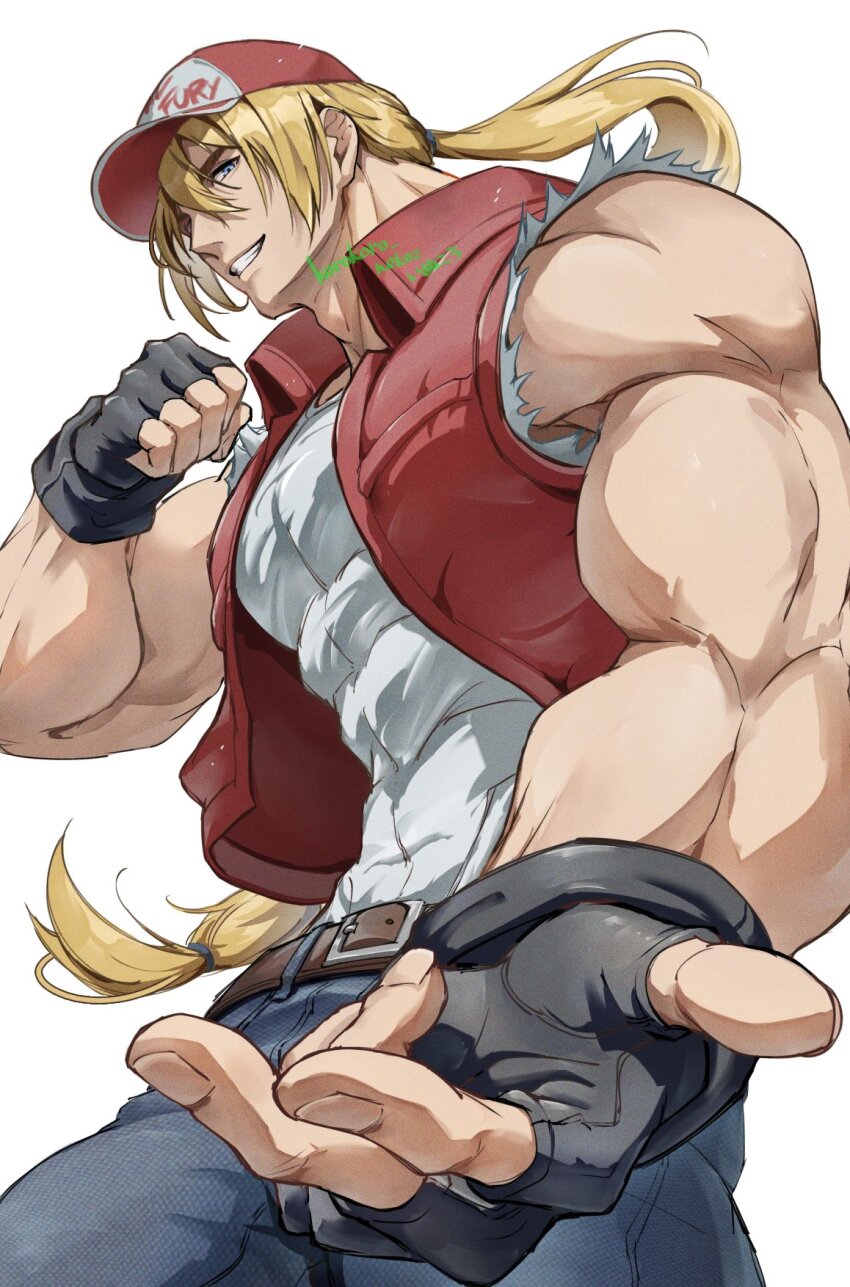1boy bad_tag baseball_cap blonde_hair blue_eyes crossover fatal_fury_cap fingerless_gloves gloves hat highres jacket korokoro_nekoz long_hair looking_at_viewer male_focus muscular pants ponytail simple_background smile solo street_fighter street_fighter_6 terry_bogard the_king_of_fighters vest