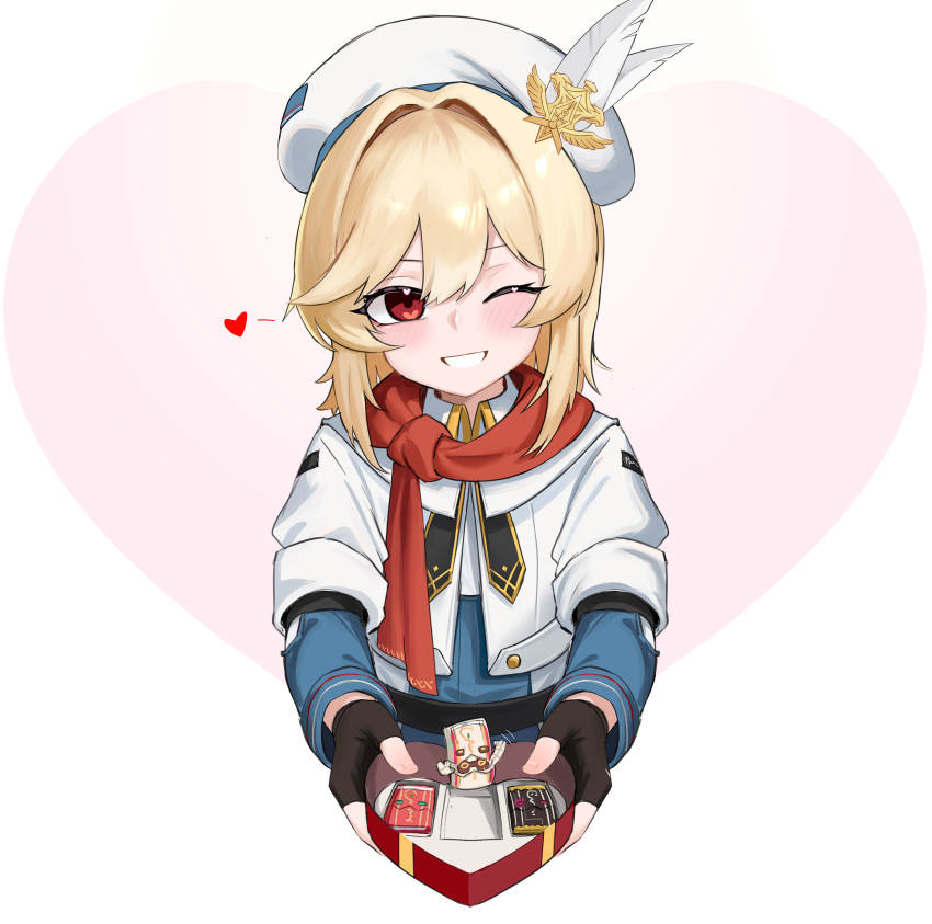 1girl ;d absurdres beret black_gloves black_neckerchief blonde_hair blue_jumpsuit blush fingerless_gloves fingernails girls&#039;_frontline girls&#039;_frontline_2:_exilium gloves hair_intakes hat hat_feather hat_ornament heart heart_in_eye highres holding holding_heart jacket jumpsuit looking_at_viewer medium_hair nagant_(girls&#039;_frontline_2) nagant_revolver_(girls&#039;_frontline) neckerchief one_eye_closed open_mouth red_eyes red_scarf scarf shenqi_xiaohuang smile solo symbol_in_eye two-tone_jumpsuit white_jacket white_jumpsuit