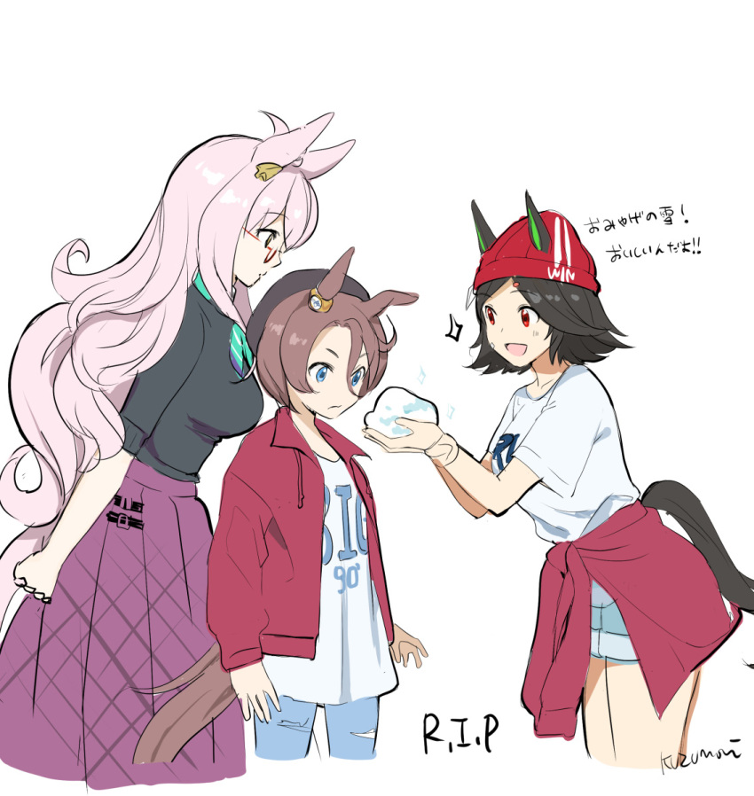 3girls :d animal_ears beanie biwa_hayahide_(umamusume) black_shirt blue_pants blue_shorts breasts clothes_around_waist cropped_legs denim ears_through_headwear forehead glasses hat highres horse_ears horse_girl horse_tail jacket jeans kuzumochi_(kuzumochiya) medium_breasts multiple_girls narita_taishin_(umamusume) open_clothes open_jacket open_mouth pants pleated_skirt purple_skirt red-framed_eyewear red_headwear red_jacket rest_in_peace_(phrase) semi-rimless_eyewear shirt short_sleeves shorts simple_background skirt smile tail torn_clothes torn_pants translation_request umamusume under-rim_eyewear v-shaped_eyebrows white_background white_shirt winning_ticket_(umamusume)