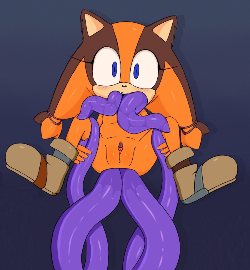 anal anus ass bare_legs blue_eyes blush brown_fur brown_hair excito eyelashes flat_chest groin hair_tie jungle_girl legs loli naked_footwear orange_fur orange_hair perineum pussy sega shoes sonic_(series) sonic_boom_(series) sticks_the_badger tentacles twintails