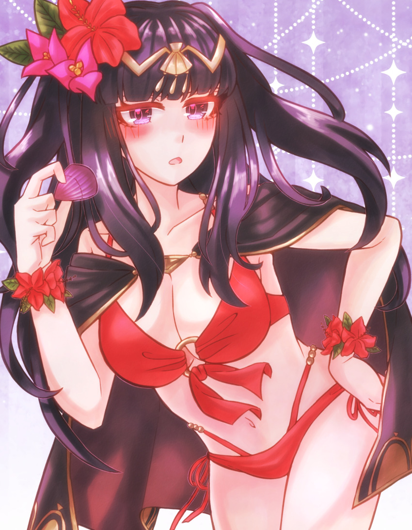 1girl :o absurdres bare_arms bare_shoulders bikini black_hair blush breasts circlet cleavage collarbone commentary_request fire_emblem fire_emblem_awakening fire_emblem_heroes flower hair_flower hair_ornament hand_on_own_hip highres large_breasts long_hair navel nintendo o-ring o-ring_bikini official_alternate_costume purple_eyes red_bikini red_flower shell solo stomach swimsuit tharja_(fire_emblem) tharja_(summer)_(fire_emblem) thighs yuria0322