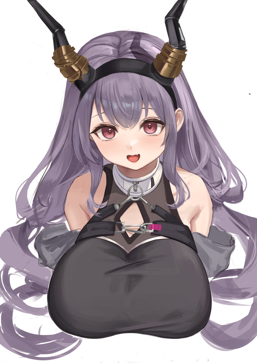 absurdres arknights black_hairband black_horns breasts fake_horns fang hairband highres horn_hairband horns large_breasts pink_eyes purple_hair remapack77 typhon_(arknights)