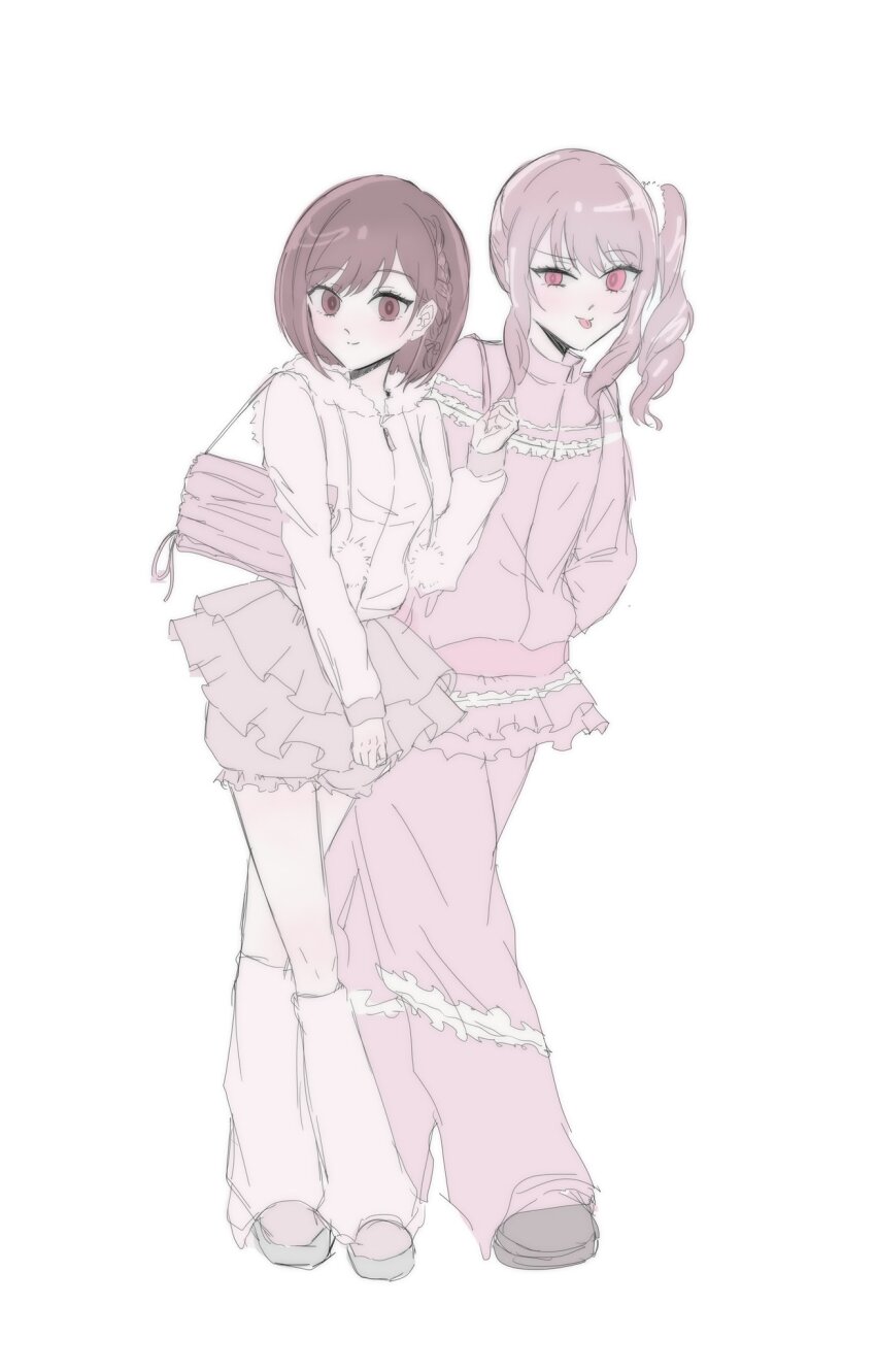 1girl 1other 2geojiyeah akiyama_mizuki bag bloomers braid brown_eyes brown_hair commentary_request full_body fur-trimmed_hood fur_trim hair_ornament hand_in_pocket highres hood hood_down hoodie jacket korean_commentary leg_warmers long_sleeves looking_at_viewer pants pants_under_skirt pink_eyes pink_hair pink_theme project_sekai shinonome_ena short_hair shoulder_bag side_ponytail skirt smile tongue tongue_out track_jacket underwear uneven_eyes