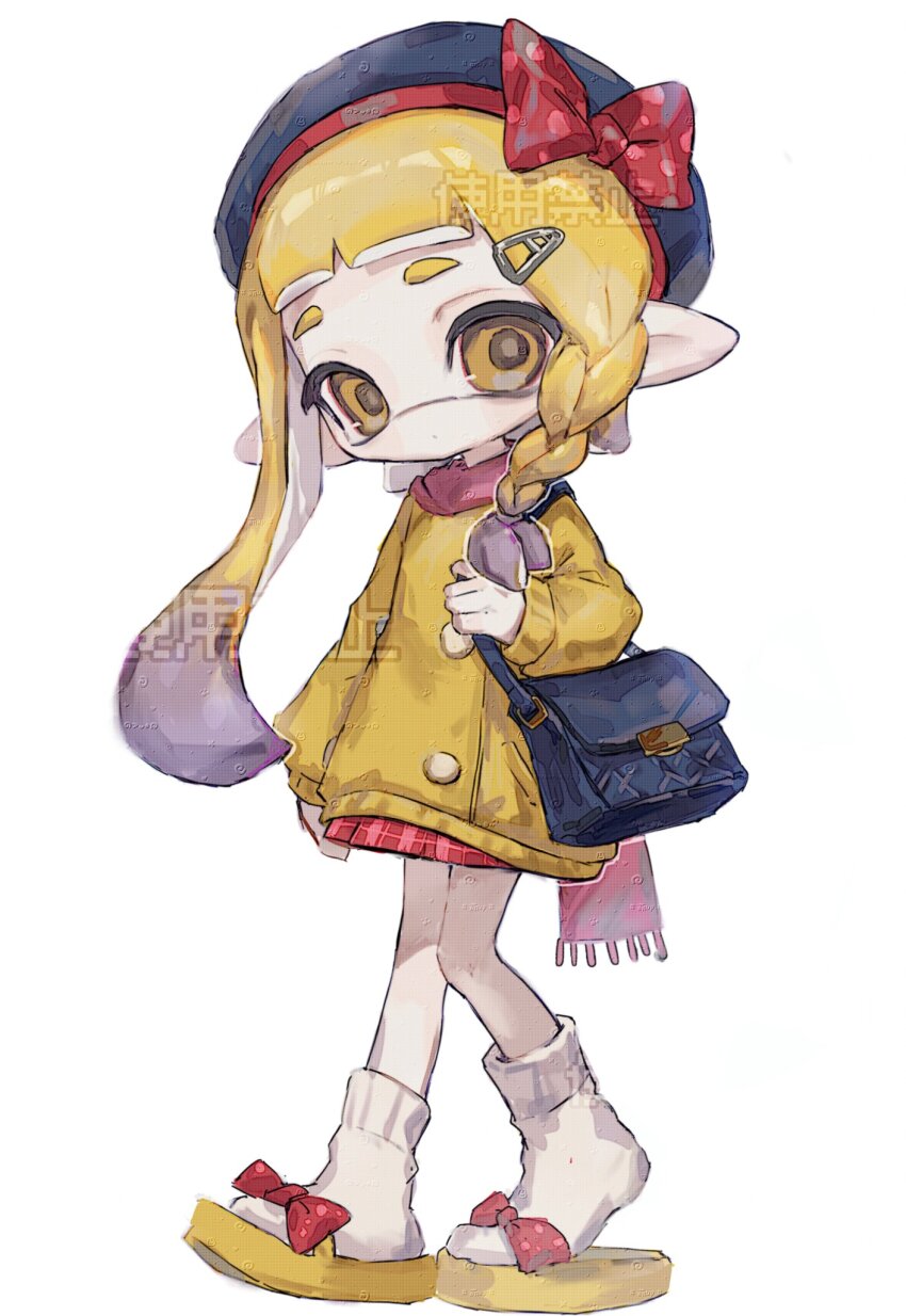 1girl bag blonde_hair braid closed_mouth colored_tips cuervo_125 hair_ornament hairclip highres holding holding_bag inkling inkling_girl inkling_player_character jacket long_hair looking_at_viewer multicolored_hair nintendo pointy_ears purple_hair sandals simple_background single_braid socks solo splatoon_(series) splatoon_3 tentacle_hair two-tone_hair walking watermark white_background white_socks yellow_eyes yellow_jacket yellow_sandals