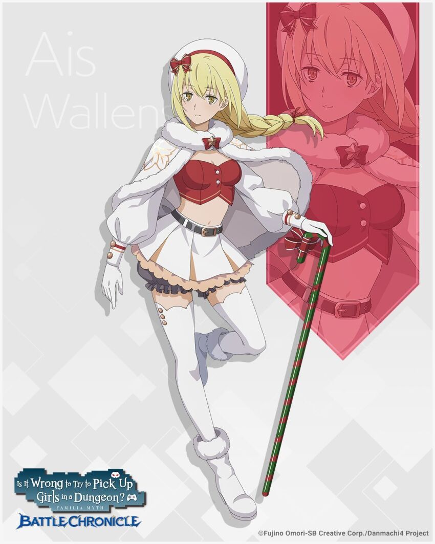 1girl aiz_wallenstein belt beret black_belt blonde_hair boots bow braid breasts cane capelet cardigan character_name christmas copyright_name cropped_cardigan dungeon_ni_deai_wo_motomeru_no_wa_machigatteiru_darou_ka english_text full_body fur-trimmed_boots fur-trimmed_capelet fur_trim gloves hair_bow hand_on_cane hat highres light_smile long_hair looking_at_viewer low-braided_long_hair low-tied_long_hair medium_breasts midriff miniskirt navel official_alternate_costume official_art pleated_skirt puffy_sleeves red_bow red_cardigan red_ribbon ribbon second-party_source single_braid skirt solo star_(symbol) strapless thighhighs white_boots white_capelet white_gloves white_hat white_skirt white_thighhighs yellow_eyes