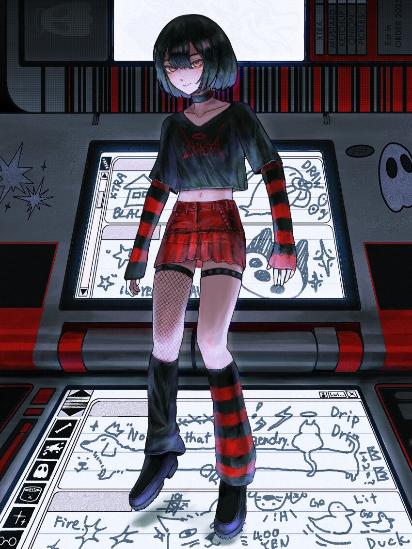 1girl absurdres black_choker black_hair black_leg_warmers black_shirt black_shoes black_sleeves black_straps blunt_bangs choker closed_mouth collarbone commentary cropped_shirt english_commentary english_text fishnet_thighhighs fishnets full_body ghost_print goth_fashion hair_between_eyes highres leg_warmers looking_at_viewer lui_n24 midriff navel object_request orange_eyes original parted_bangs print_shirt red_skirt red_sleeves shirt shoes short_hair single_strap single_thighhigh sketch_background skirt sleeves_past_wrists smile solo standing star_(symbol) star_print striped_leg_warmers striped_sleeves studded_thigh_strap thigh_strap thighhighs two-tone_sleeves
