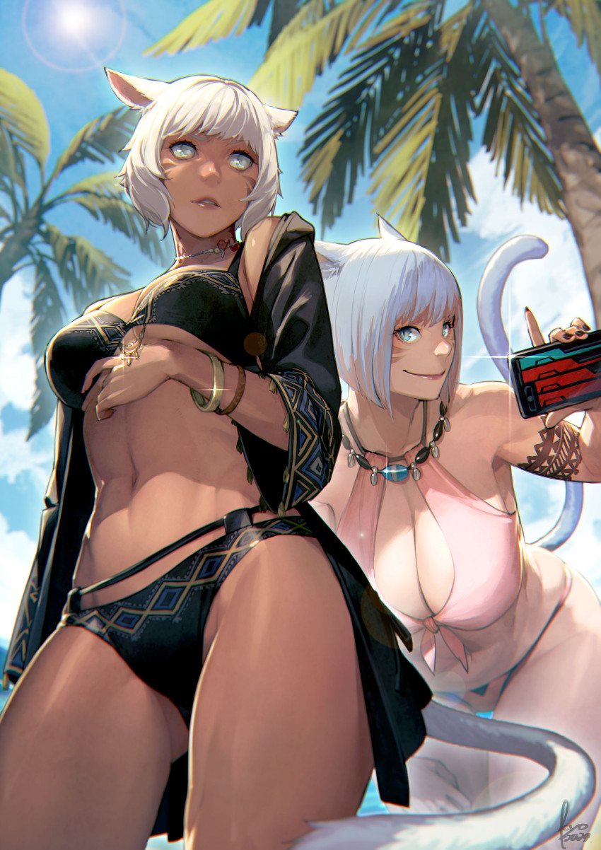 2girls absurdres alternate_costume animal_ears arm_at_side bent_over bikini black_bikini blue_eyes blurry blurry_background breasts bright_pupils cat_ears cat_girl cat_tail cellphone closed_mouth commentary_request dark-skinned_female dark_skin day f&#039;lhaminn_qesh facial_mark final_fantasy final_fantasy_xiv fingernails from_below front-tie_bikini_top front-tie_top gluteal_fold grey_hair highres holding holding_phone jewelry kyo_(kuroichigo) large_breasts linea_alba lips looking_at_viewer looking_to_the_side medium_breasts miqo&#039;te multiple_girls nail_polish navel neck_tattoo necklace no_eyewear open_clothes open_shirt outdoors palm_tree parted_lips phone shirt short_hair sky slit_pupils smartphone smile stomach sun swimsuit tail tattoo thigh_gap toned toned_female tree underboob whisker_markings white_pupils bracelet y&#039;shtola_rhul