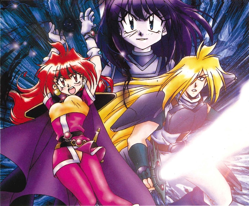 1990s_(style) 1girl 2boys :o armor arms_up blonde_hair blue_eyes cape earrings energy_ball fighting fingerless_gloves gloves glowing glowing_sword glowing_weapon gourry_gabriev headband hellmaster_phibrizzo highres jewelry knight lina_inverse long_hair looking_at_viewer magic multiple_boys official_art open_mouth pauldrons red_eyes red_hair retro_artstyle scan shoulder_armor slayers slayers_next smile sword teamwork very_long_hair weapon