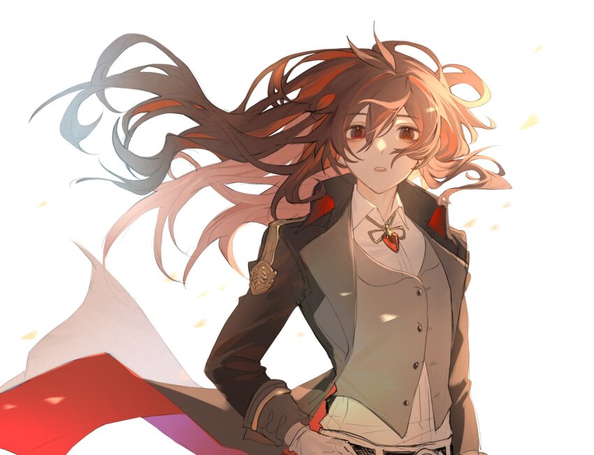 1boy buttons commentary diluc_(genshin_impact) floating_clothes floating_hair genshin_impact girly_boy gloves hair_between_eyes hair_undone hashtag-only_commentary highres long_hair long_sleeves looking_at_viewer male_focus open_mouth partially_unbuttoned red_eyes red_hair simple_background solo teeth upper_body upper_teeth_only white_background white_gloves zehuij