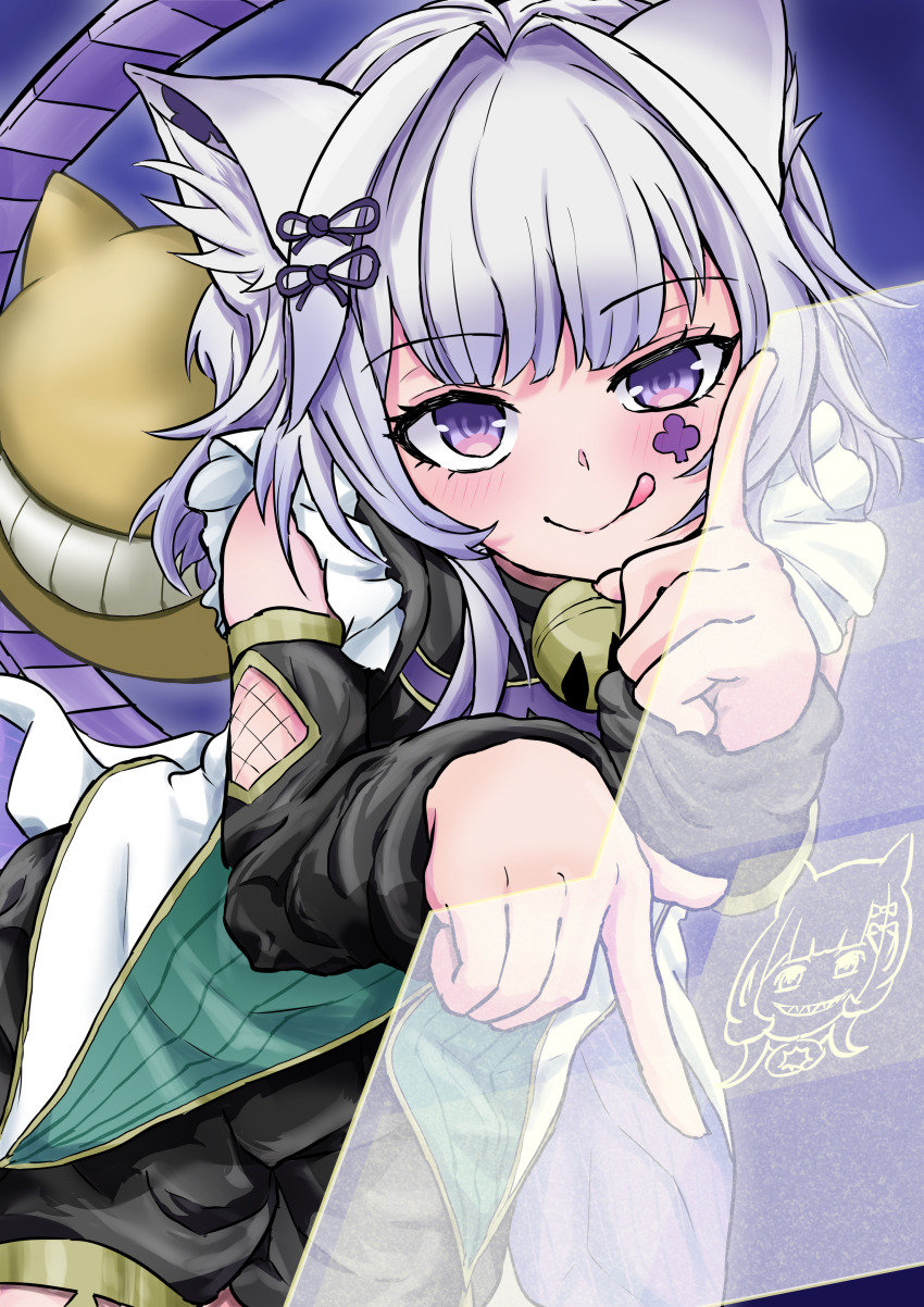 1girl absurdres animal_ear_fluff animal_ears blue_background blush cat_ears cat_girl clenched_teeth closed_mouth detached_sleeves duel_monster gt_majoyan highres index_finger_raised long_sleeves looking_at_viewer maliss_&lt;p&gt;_chessy_cat purple_eyes short_hair simple_background smile teeth tongue tongue_out yu-gi-oh!